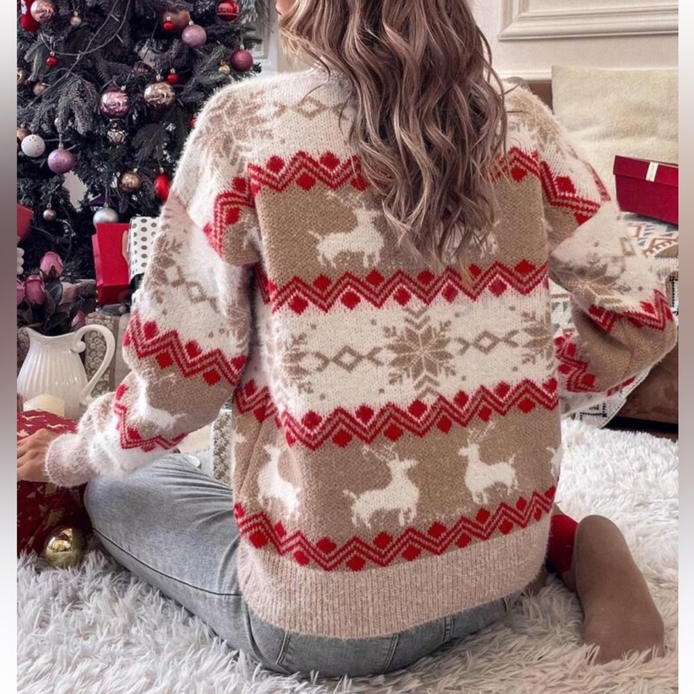 Snowflake Fawn Pattern Crewneck Sweater Long Sleeve Knit Pullover, Size: M - Picture 6 of 8